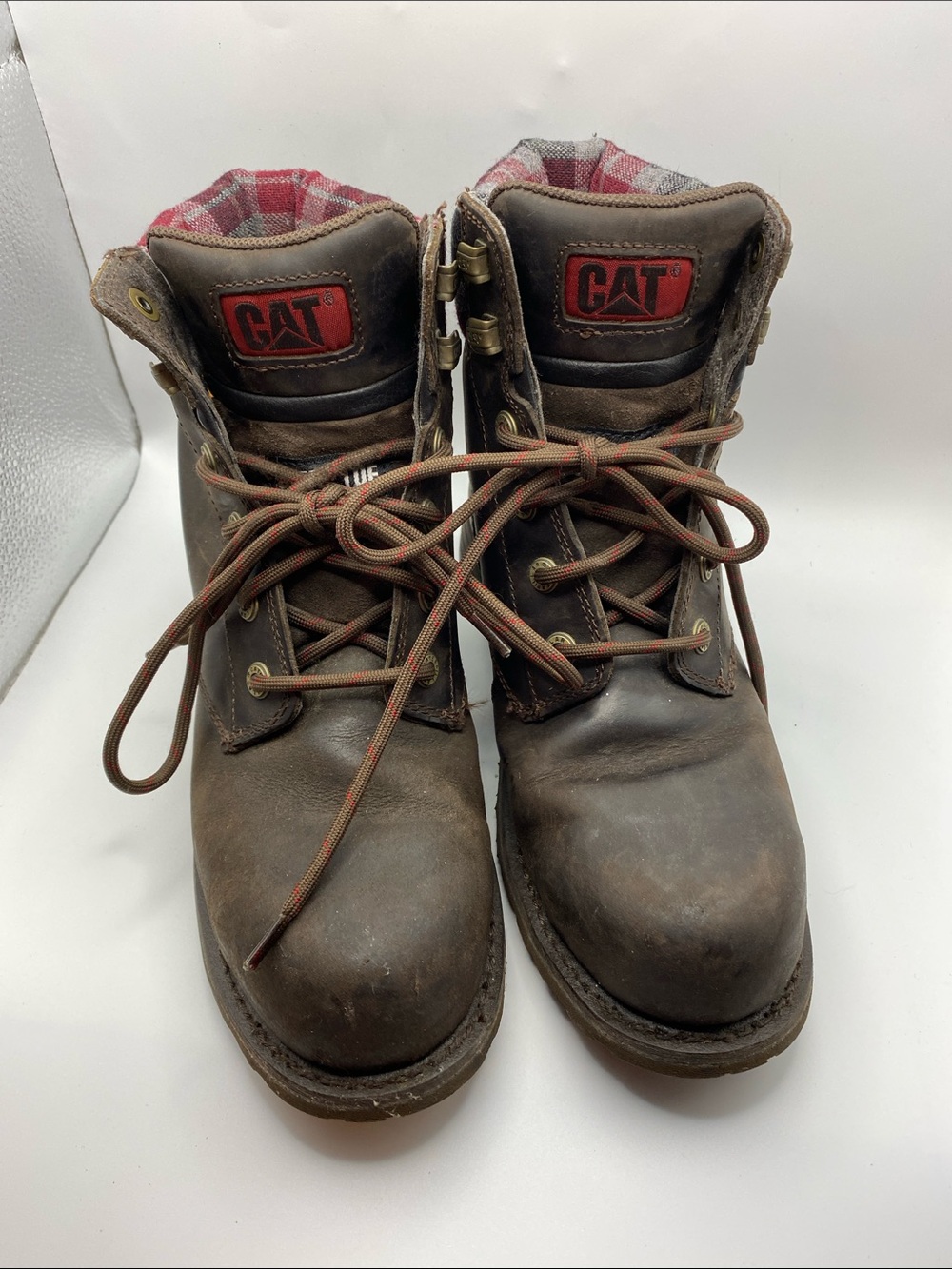 Caterpillar Brown Leather Boots with Red Plaid Collar size 8